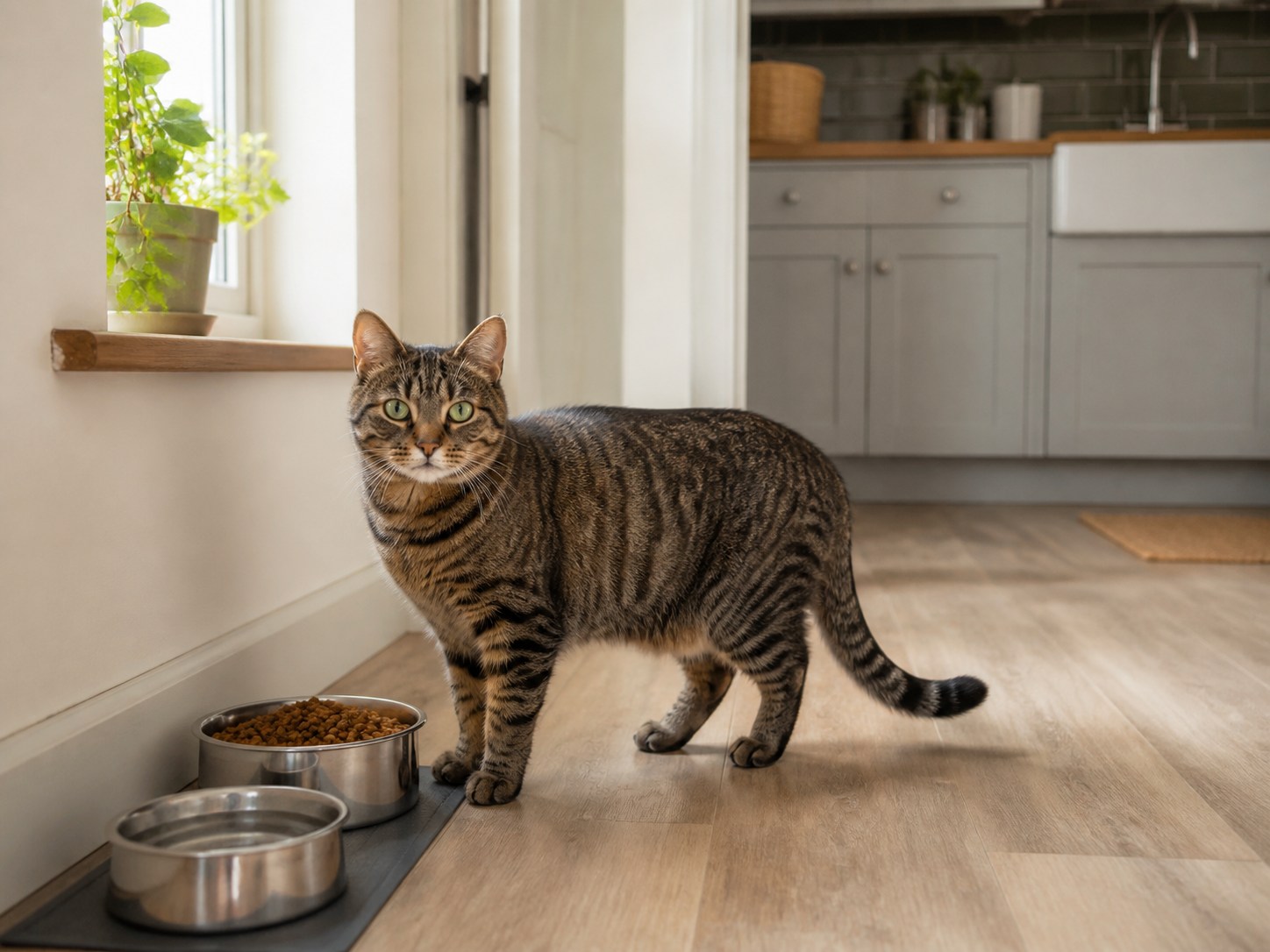 Experienced cat carer refreshing food, water and litter